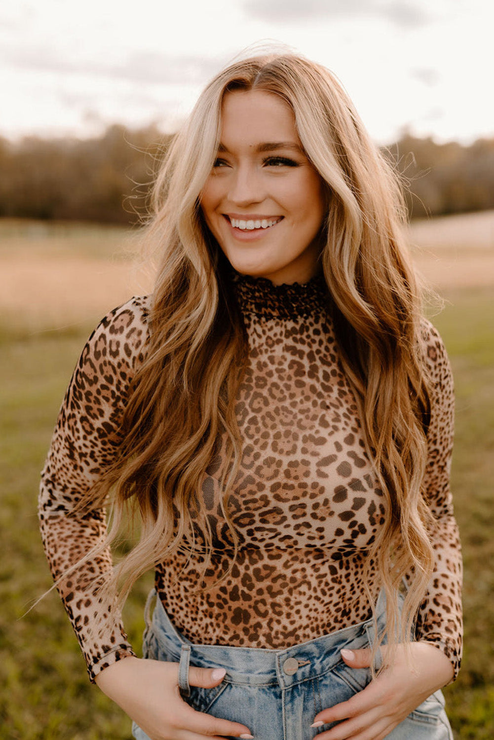 Leopard Smocked Neck Bodysuit