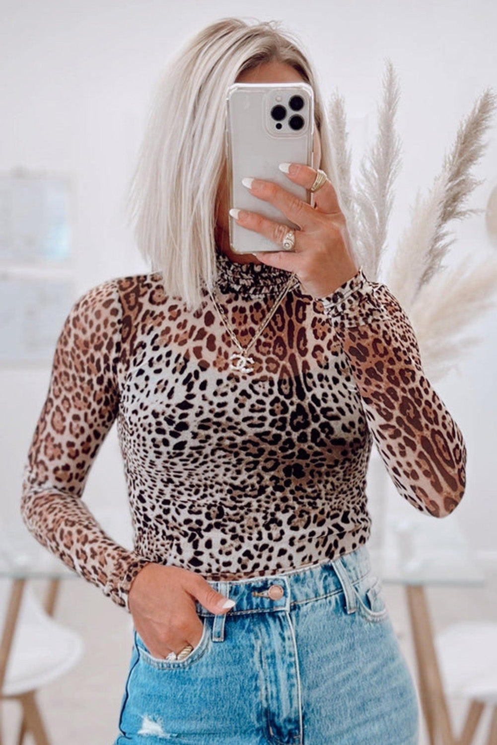 Leopard Smocked Neck Bodysuit