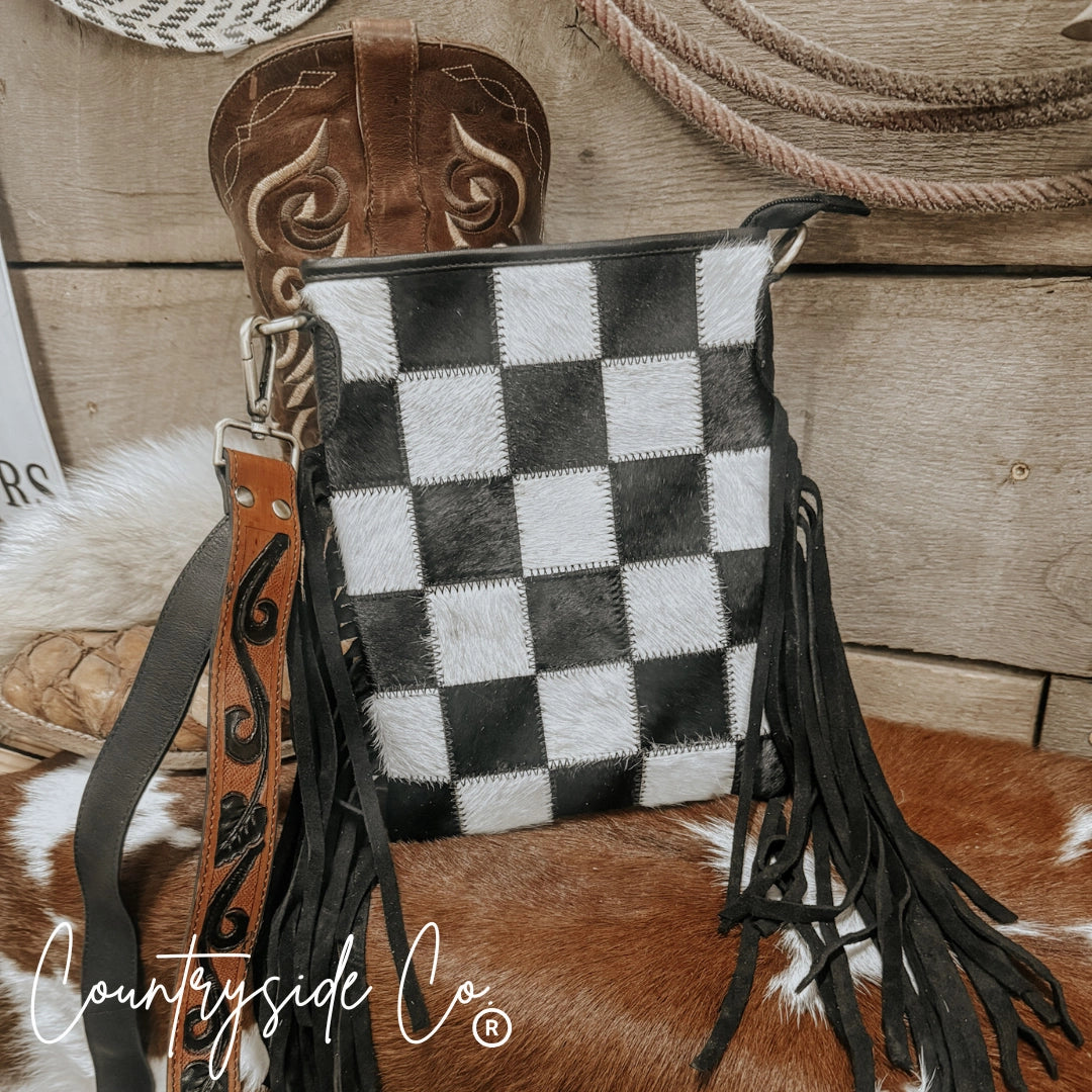 *PRE ORDER* Stockdale Checkered Cowhide Fringe Purse