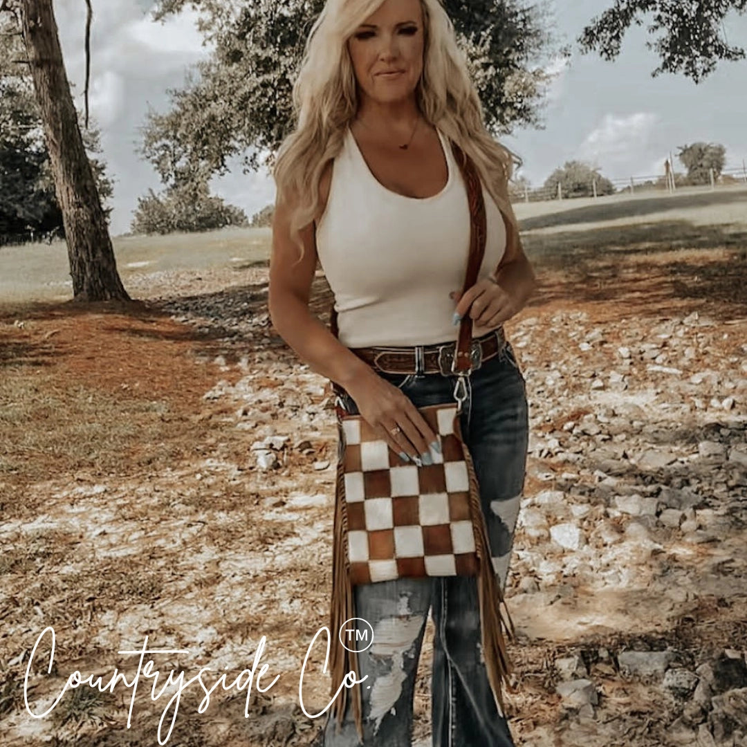 *PRE ORDER* Stockdale Checkered Cowhide Fringe Purse