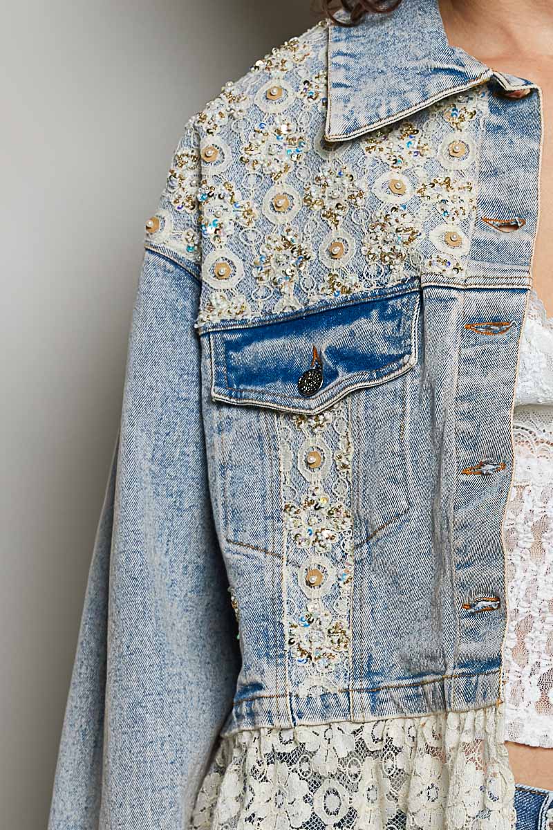 Sunfade Lace Cropped Denim Jacket