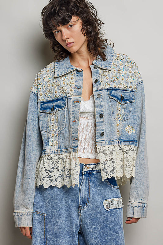 Sunfade Lace Cropped Denim Jacket