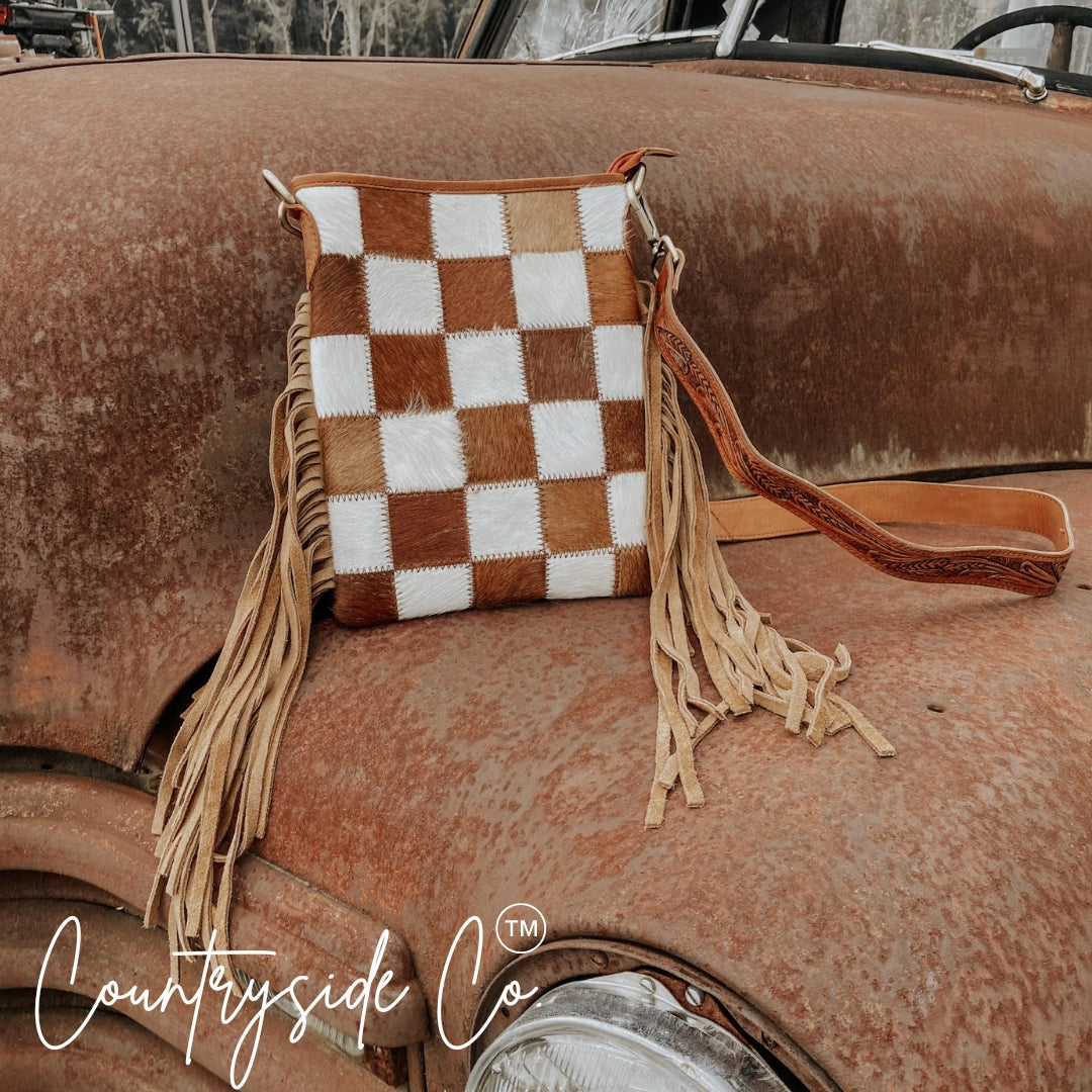 *PRE ORDER* Stockdale Checkered Cowhide Fringe Purse