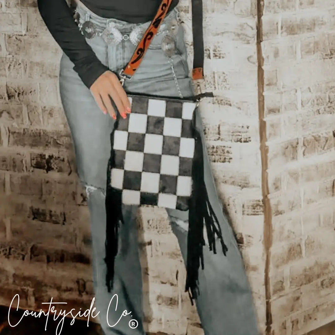 *PRE ORDER* Stockdale Checkered Cowhide Fringe Purse