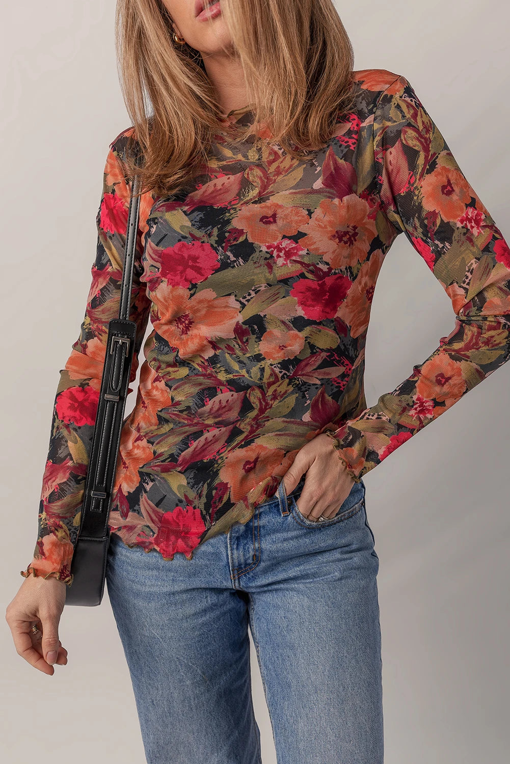 Fall Florals Mesh Long Sleeve Top