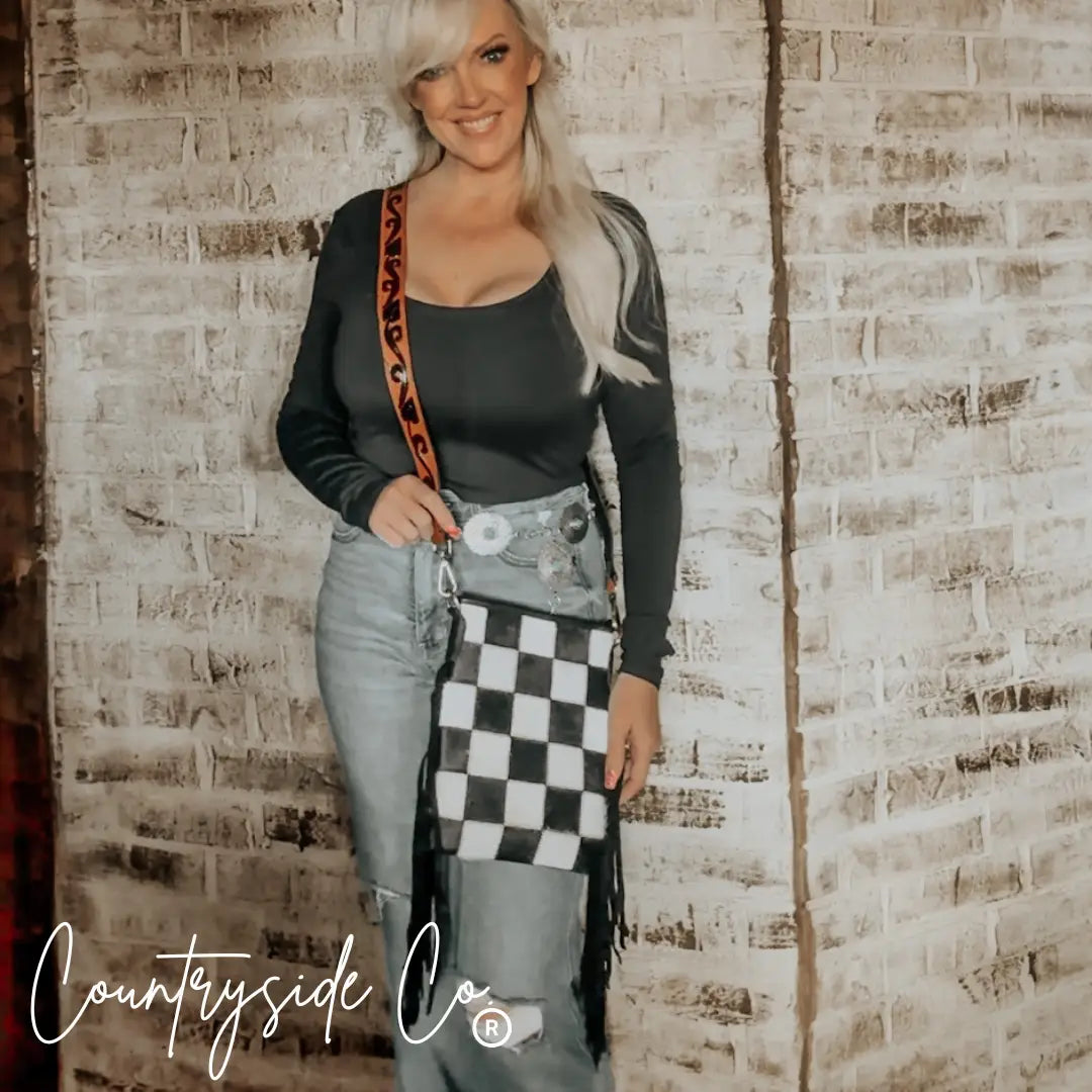*PRE ORDER* Stockdale Checkered Cowhide Fringe Purse