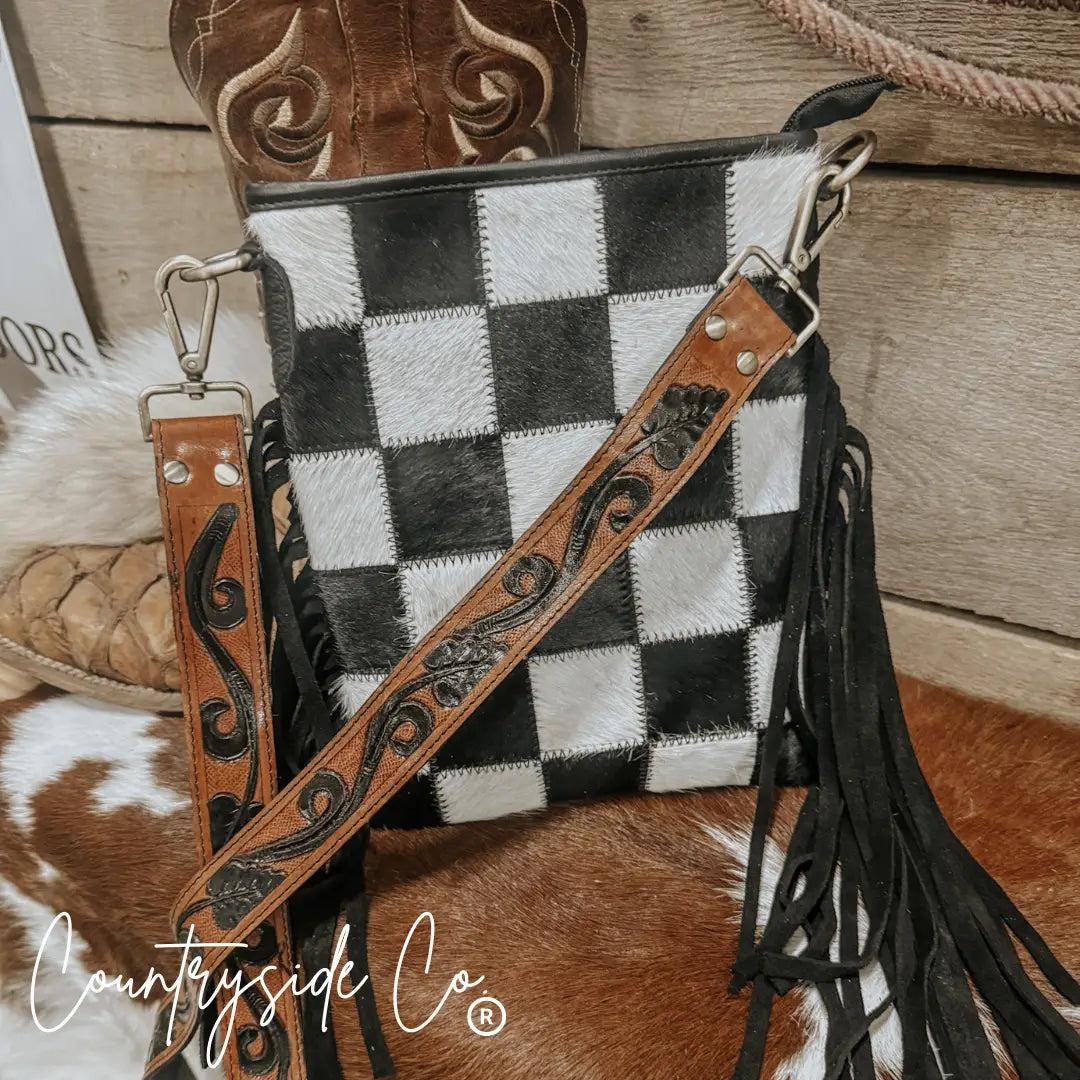 *PRE ORDER* Stockdale Checkered Cowhide Fringe Purse